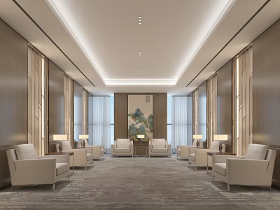 Elegant Modern Reception Area With Comfortable Sofas Chandeliers Decorative Artwork And Floor to Ceiling Windows 3d model