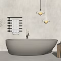 Modern Bathroom Interior With Freestanding Bathtub Pendant Lights Towel Rack And Wooden Stool