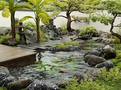 Tranquil Natural Garden With Pond Wooden Walkway Rocks Palm Trees Koi Fish And Lantern 3d model