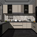 Modern Kitchen Interior With Light Cabinets Marble Countertop Hanging Utensils And Built in Appliances