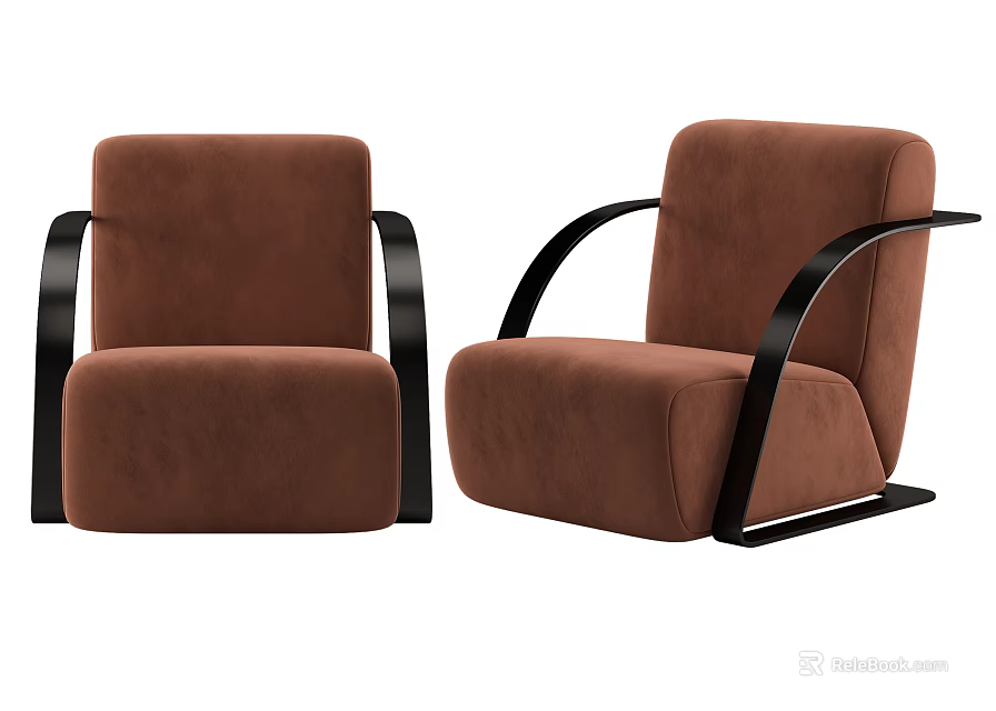 Brown Single Seater Sofa With Black Curved Armrests And Modern Velvet Design 3d model 