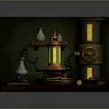 Vintage Style Glowing Lamp Set With Mechanical Elements Wooden Base And Decorative Items