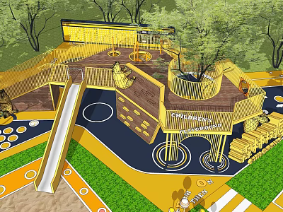 Outdoor Children's Playground With Yellow Wooden Slide Circular Floor And Trees 3d model