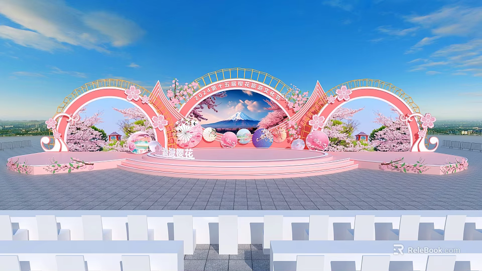 Pink Cherry Blossom Decorated Stage With Arched Structures Blue Sky And Mountain View 3d model