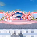 Pink Cherry Blossom Decorated Stage With Arched Structures Blue Sky And Mountain View 3d model