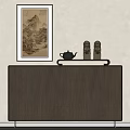 Traditional Chinese Style Storage Cabinet With Teapot Figurines And Landscape Painting