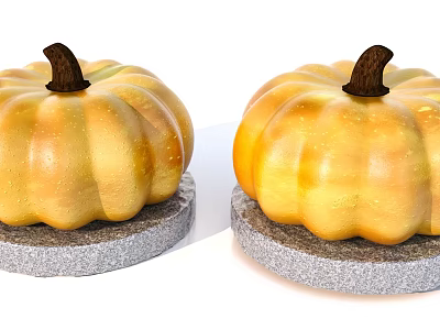 Golden Decorative Pumpkins Placed On Gray Round Bases For Home Decoration 3d model