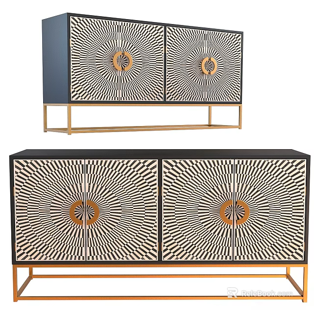 Modern Stylish Chest Of Drawers With Geometric Radial Pattern Golden Accents And Gold Legs 3d model 