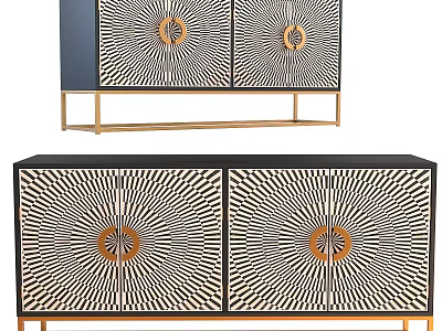 Modern Stylish Chest Of Drawers With Geometric Radial Pattern Golden Accents And Gold Legs 3d model