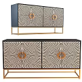 Modern Stylish Chest Of Drawers With Geometric Radial Pattern Golden Accents And Gold Legs