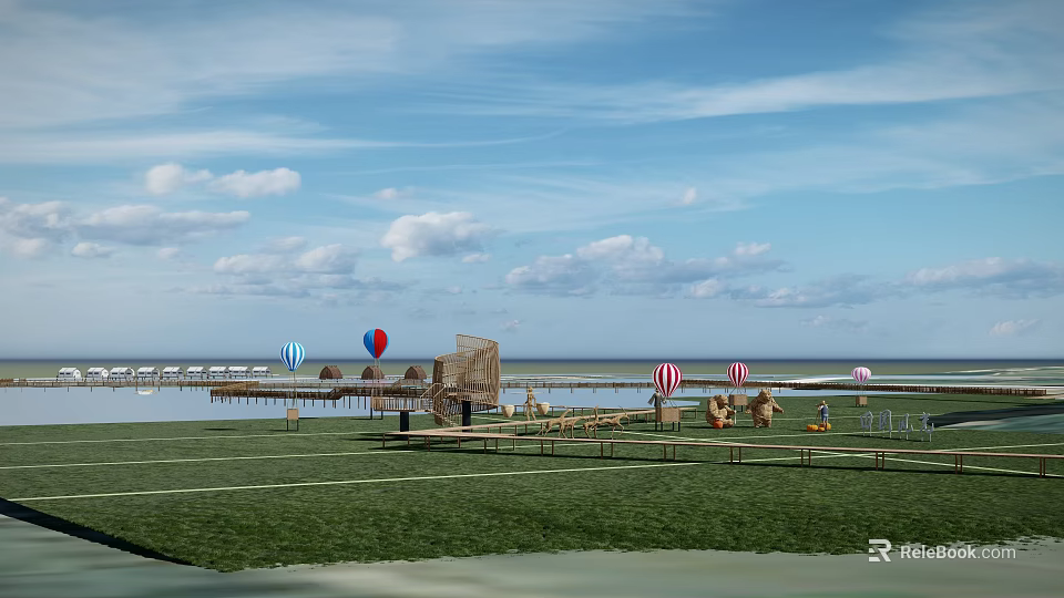 Scenic Outdoor Leisure Spot With Green Grass Pier Striped Umbrellas And Colorful Hot Air Balloons 3d model 