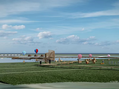 Scenic Outdoor Leisure Spot With Green Grass Pier Striped Umbrellas And Colorful Hot Air Balloons 3d model
