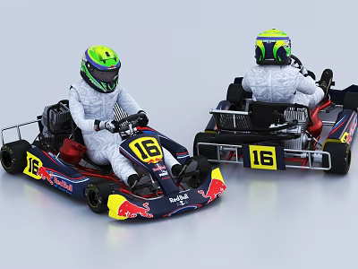 Red Bull Go Karts Number 16 Driven By Drivers In Green Helmets White Racing Suits 3d model