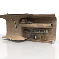 Wooden Scene Structure With Multiple Shelves Pipes Tools And Storage
