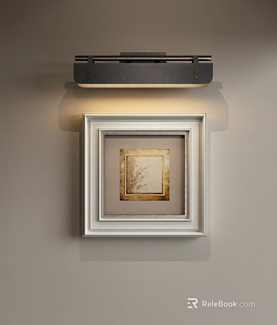 Light Colored Abstract Painting With White Frame Golden Border Illuminated By Black Wall Light Fixture 3d model 