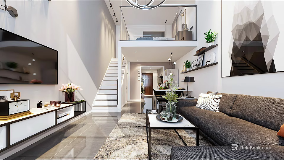 Modern Loft Apartment Living Room With Sofa TV Staircase And Green Plants 3d model 