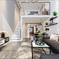 Modern Loft Apartment Living Room With Sofa TV Staircase And Green Plants