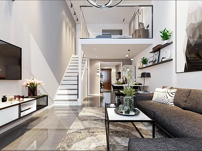 Modern Loft Apartment Living Room With Sofa TV Staircase And Green Plants 3d model