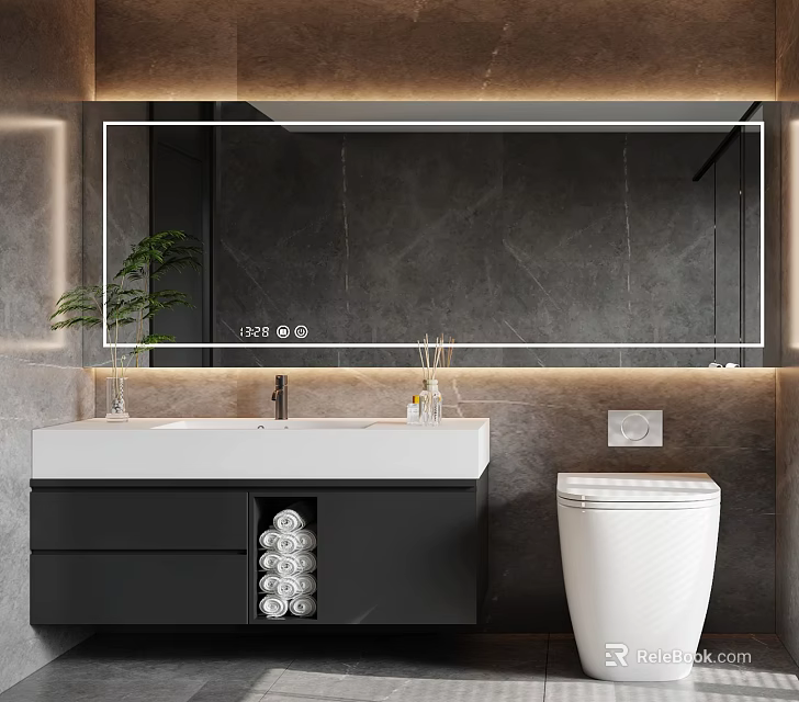 Modern Bathroom Cabinet With Backlit Mirror Storage Drawers White Sink And Green Plant 3d model 
