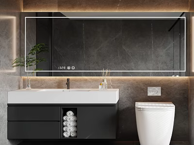 Modern Bathroom Cabinet With Backlit Mirror Storage Drawers White Sink And Green Plant 3d model