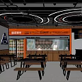 Modern Restaurant Interior Design With Orange Accents Wooden Tables And Circular Lighting