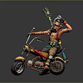 Fantasy Character In Orange Outfit Riding Yellow Motorcycle With Skull Decoration And Green Weapon