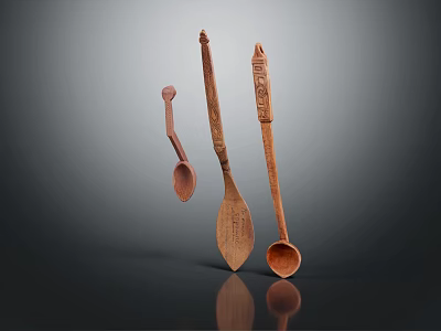 Handcrafted Wooden Kitchen Spoons With Carved Handles Various Shapes And Natural Wood Texture 3d model