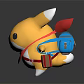 Cute Yellow Cartoon Creature With White Ear Tips Red Scarf Blue Backpack And Brown Pouch