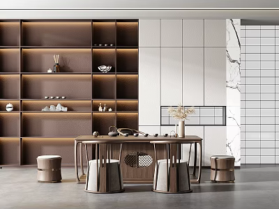 Elegant Modern Tea Table and Chairs in Open Space With Marble Wall And Display Shelves 3d model