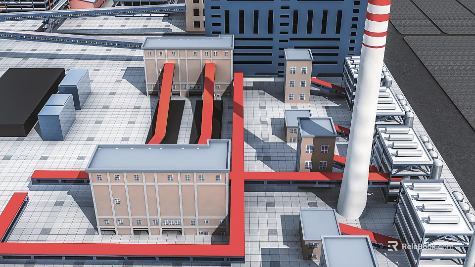 Industrial Plant Complex With Multiple Factory Buildings Red Connecting Structures And White Red Striped Chimney 3d model 