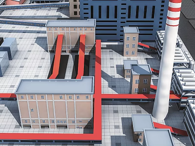 Industrial Plant Complex With Multiple Factory Buildings Red Connecting Structures And White Red Striped Chimney 3d model