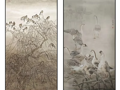 Traditional Chinese Paintings Featuring Birds on Branches and Geese by Pond 3d model