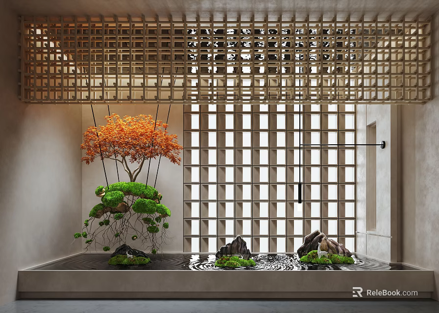 Traditional Interior Landscape With Wooden Lattice Orange Tree Green Plants Water Feature And Stones 3d model 