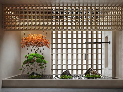 Traditional Interior Landscape With Wooden Lattice Orange Tree Green Plants Water Feature And Stones 3d model