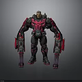 Futuristic Warrior Character In Black And Pink Mechanical Armor With Large Guns