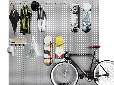Gray Perforated Pegboard Wall Hanging Umbrella Coats Scarves Skateboards Small Shelf and Black Bicycle 3d model