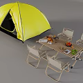 Yellow Tent Outdoor Camping Setup With Folding Chairs And Dining Table Topped With Food
