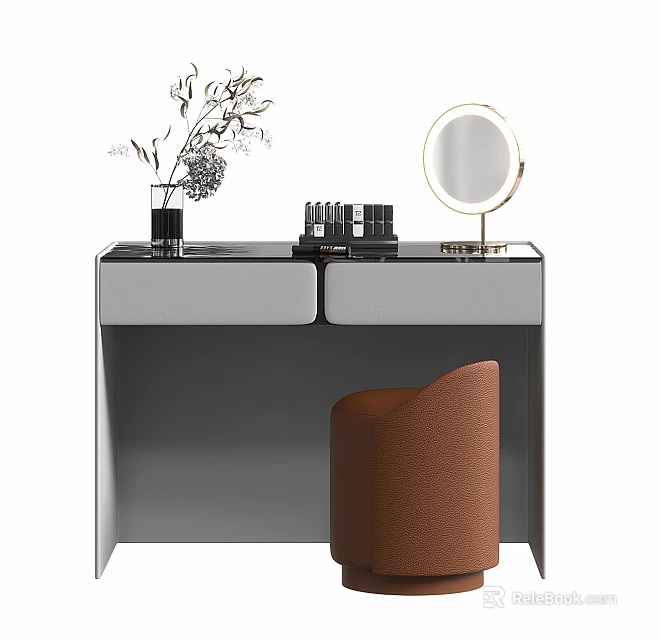 Modern Dressing Table With Round Mirror Cosmetics Dried Flowers And Brown Stool 3d model