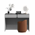 Modern Dressing Table With Round Mirror Cosmetics Dried Flowers And Brown Stool 3d model