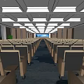 Modern Conference Room With Rows Of Seats Large Screen Ceiling Lights And Wooden Walls