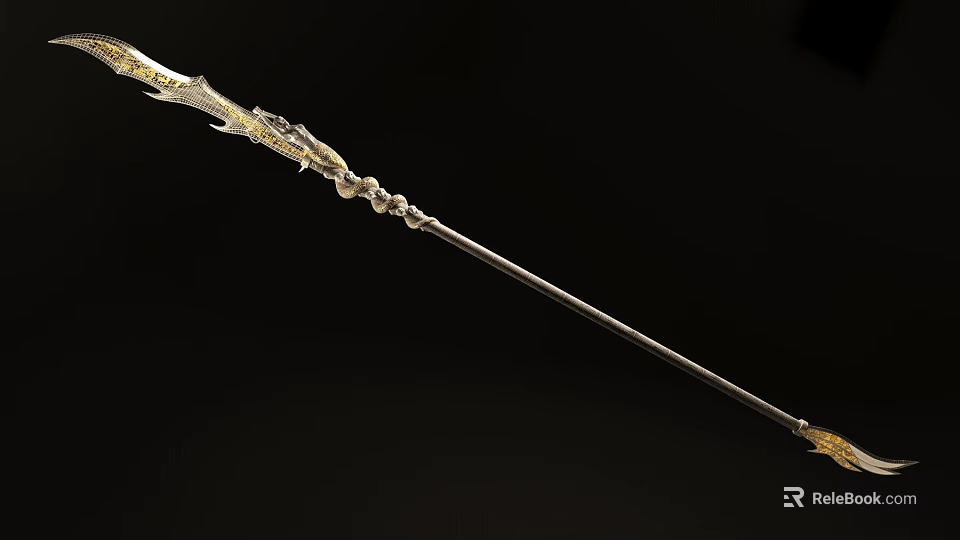 Traditional Decorative Spear With Golden Accents Intricate Patterns On Spearhead And Shaft Against Black Background 3d model 