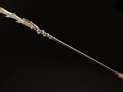 Traditional Decorative Spear With Golden Accents Intricate Patterns On Spearhead And Shaft Against Black Background 3d model