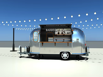 Shiny Silver Barbecue Bar Food Truck With Hanging String Lights Outdoor 3d model