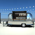 Shiny Silver Barbecue Bar Food Truck With Hanging String Lights Outdoor