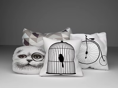 Stylish Decorative Throw Pillows With Cat Face Birdcage Bicycle And Geometric Patterns 3d model
