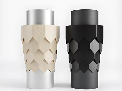 Modern Vases With Geometric Textured Design In Light Wood And Black Finish 3d model