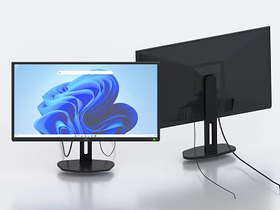 Two Computer Monitors Front Back View with Blue Abstract Design Screen Stands and Cables 3d model