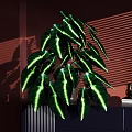 Bonsai Potted Plant with Green Leaves White Stripes on Dark Cabinet Red Wall Blind Shadow