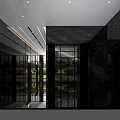 Modern Glass Entrance Gate With Black Frame Floor to Ceiling Design And Outdoor Greenery View