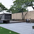 Modern Entrance Gate With Glass Door Stone Wall And Surrounding Trees